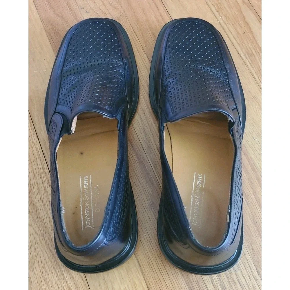 Johnston Murphy Domani Men's 11 Loafers‎ Black Slip on Made In Spain Perforated
